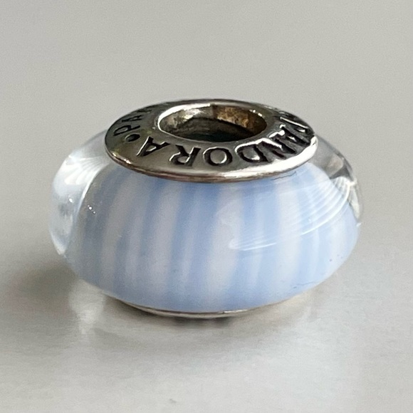 Pandora Retired Light Blue Candy Stripes Murano Charm - Picture 3 of 6